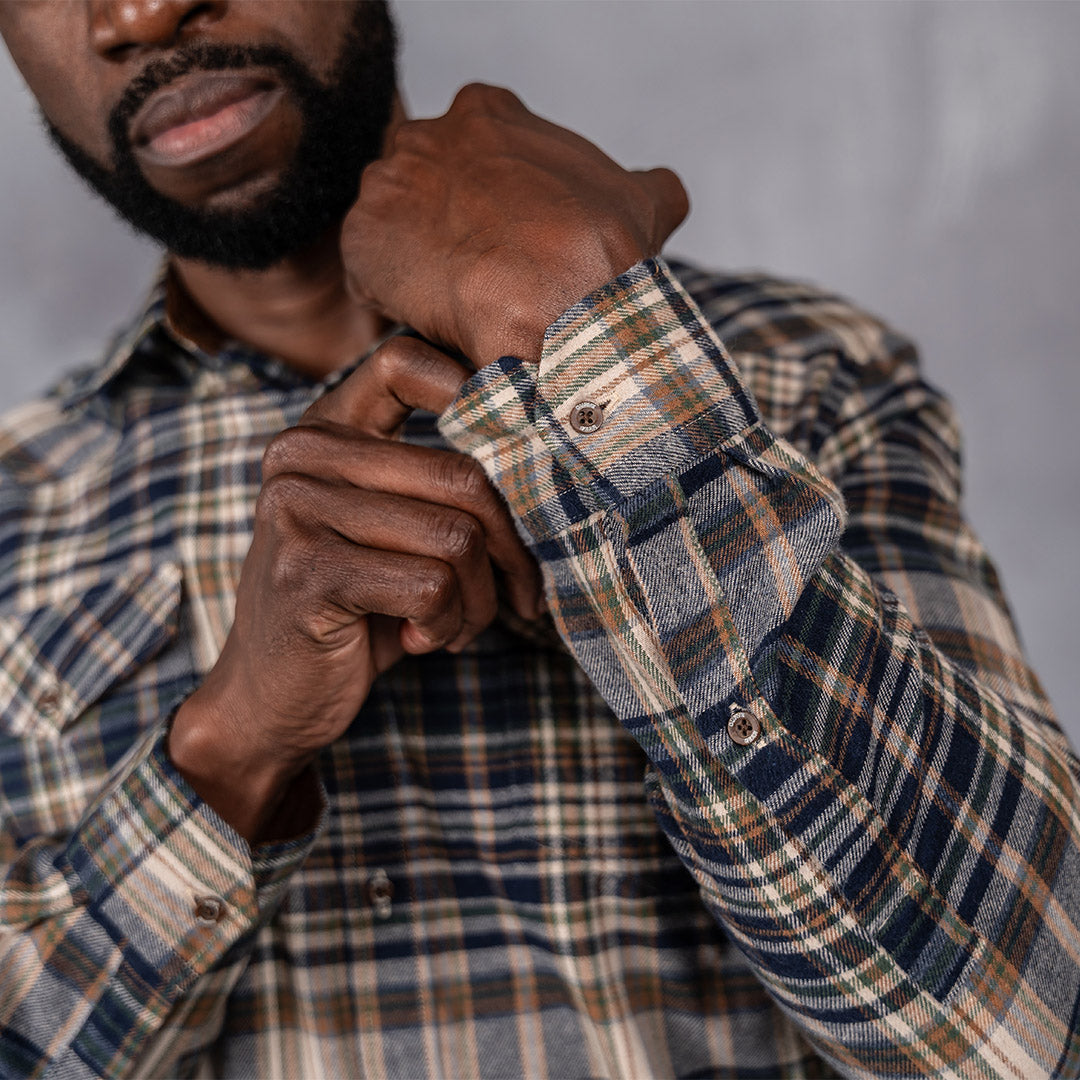 Drill Flannel Long Sleeve Shirt Navy & Green Check