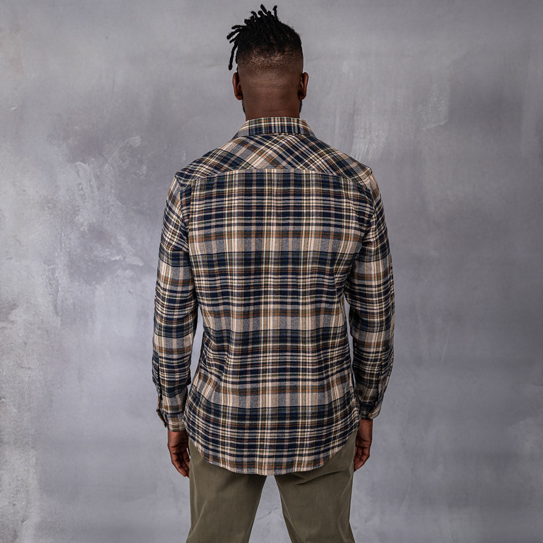 Drill Flannel Long Sleeve Shirt Navy & Green Check