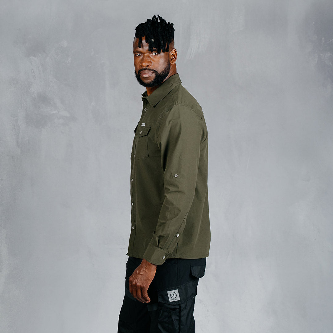 W.O.R.K Ripstop 4 Way Stretch L/Sleeve Shirt Dark Olive