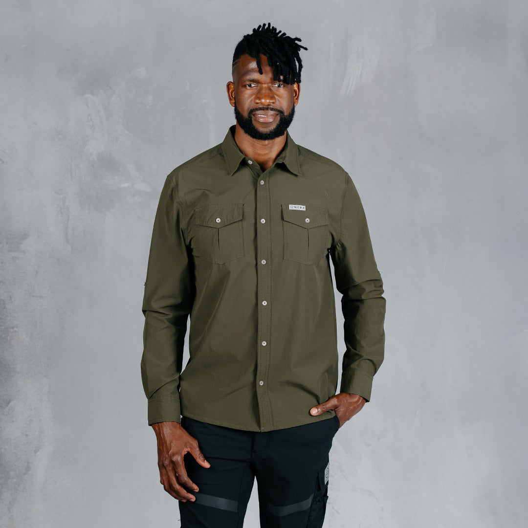 W.O.R.K Ripstop 4 Way Stretch L/Sleeve Shirt Dark Olive