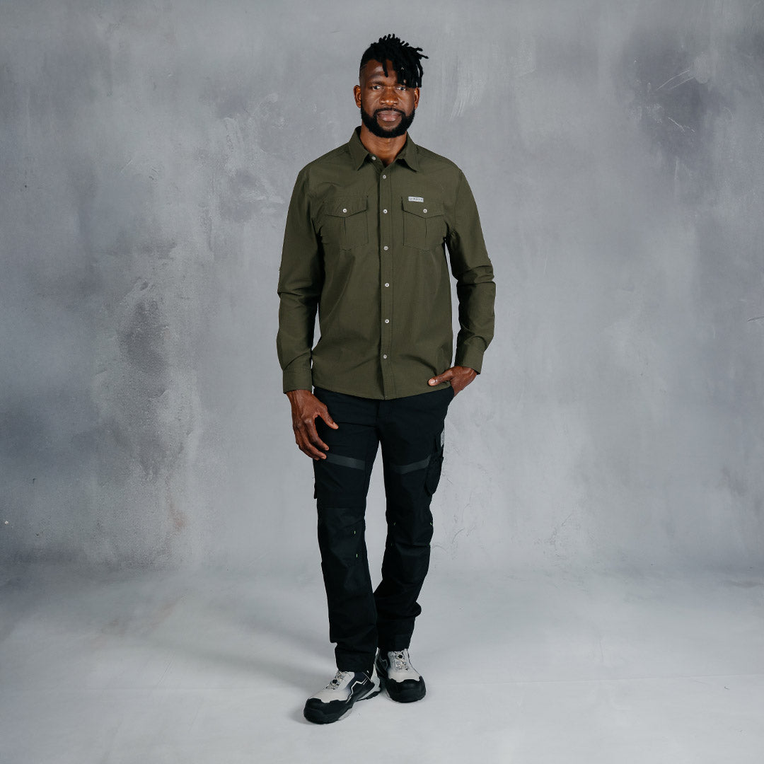 W.O.R.K Ripstop 4 Way Stretch L/Sleeve Shirt Dark Olive – Curve Gear