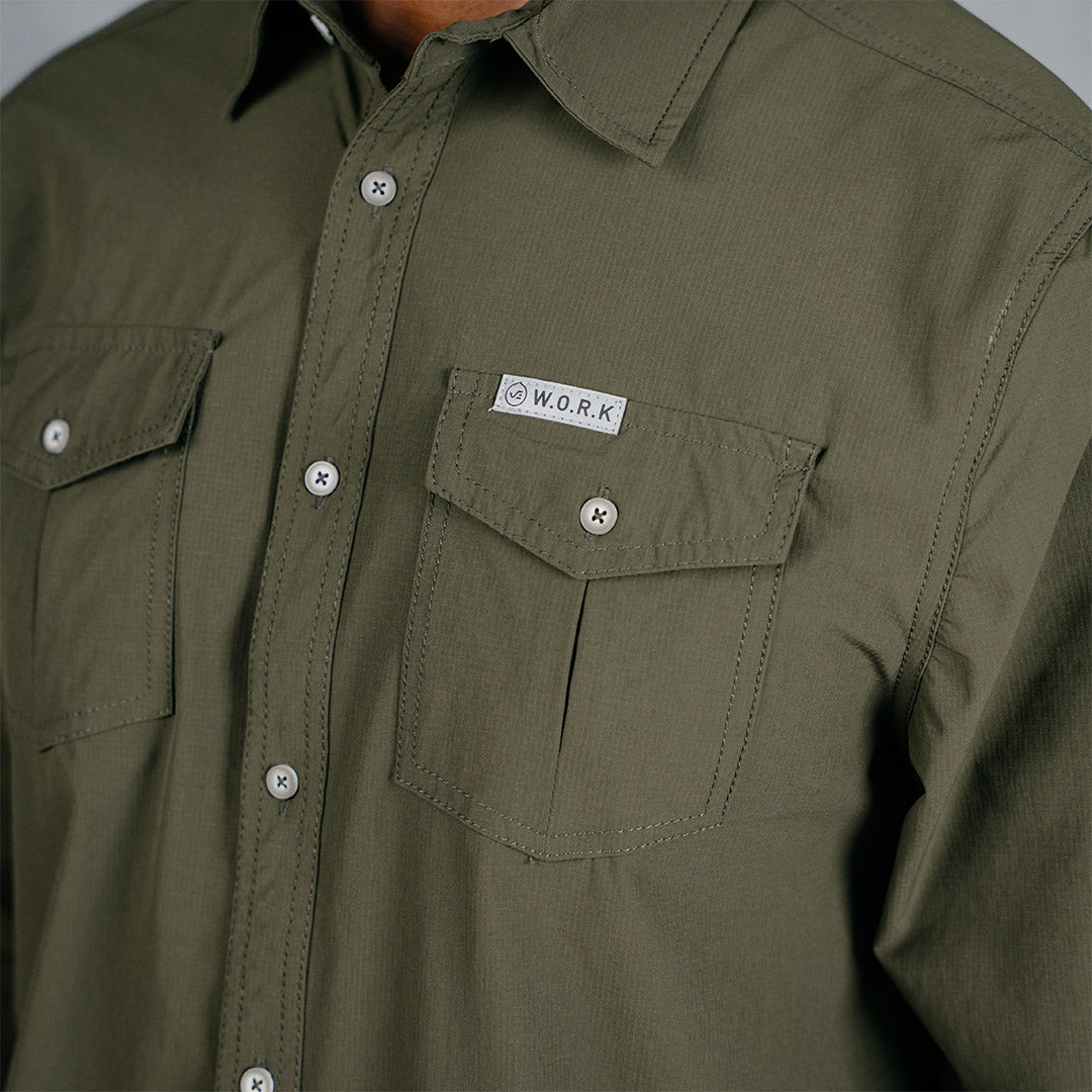 W.O.R.K Ripstop 4 Way Stretch L/Sleeve Shirt Dark Olive
