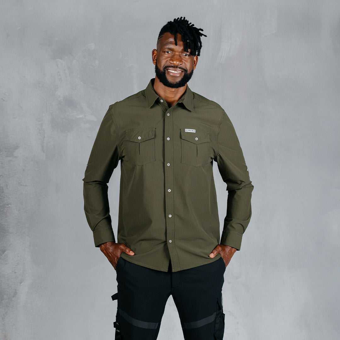 【deres】6way sleeve shirt W.O.R.K Ripstop 4 Way Stretch L/Sleeve Shirt Dark Olive – Curve Gear