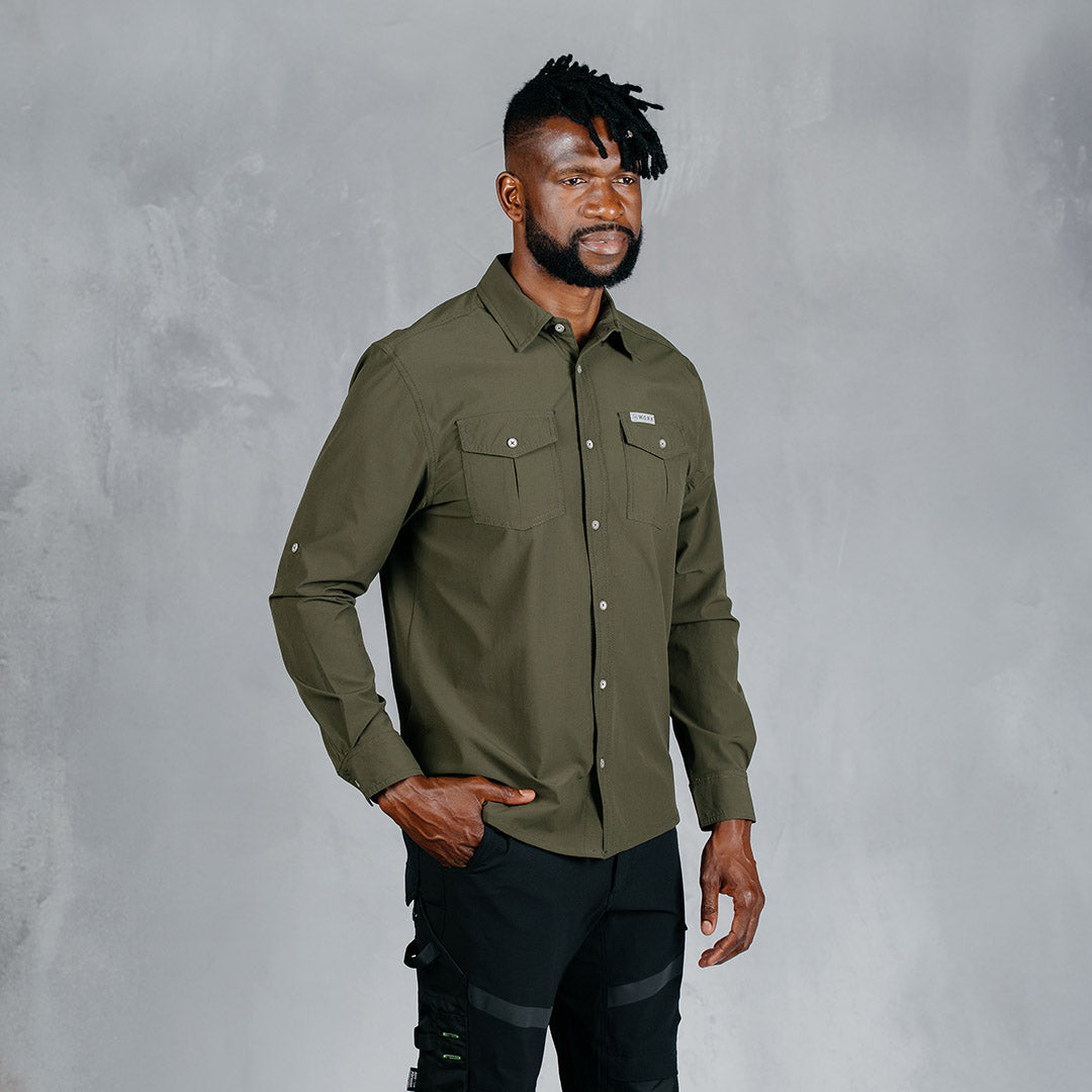 W.O.R.K Ripstop 4 Way Stretch L/Sleeve Shirt Dark Olive – Curve Gear
