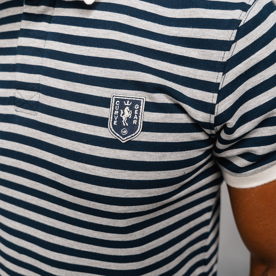 Elite Rugby Polo Navy & Grey Melange Thin Stripe