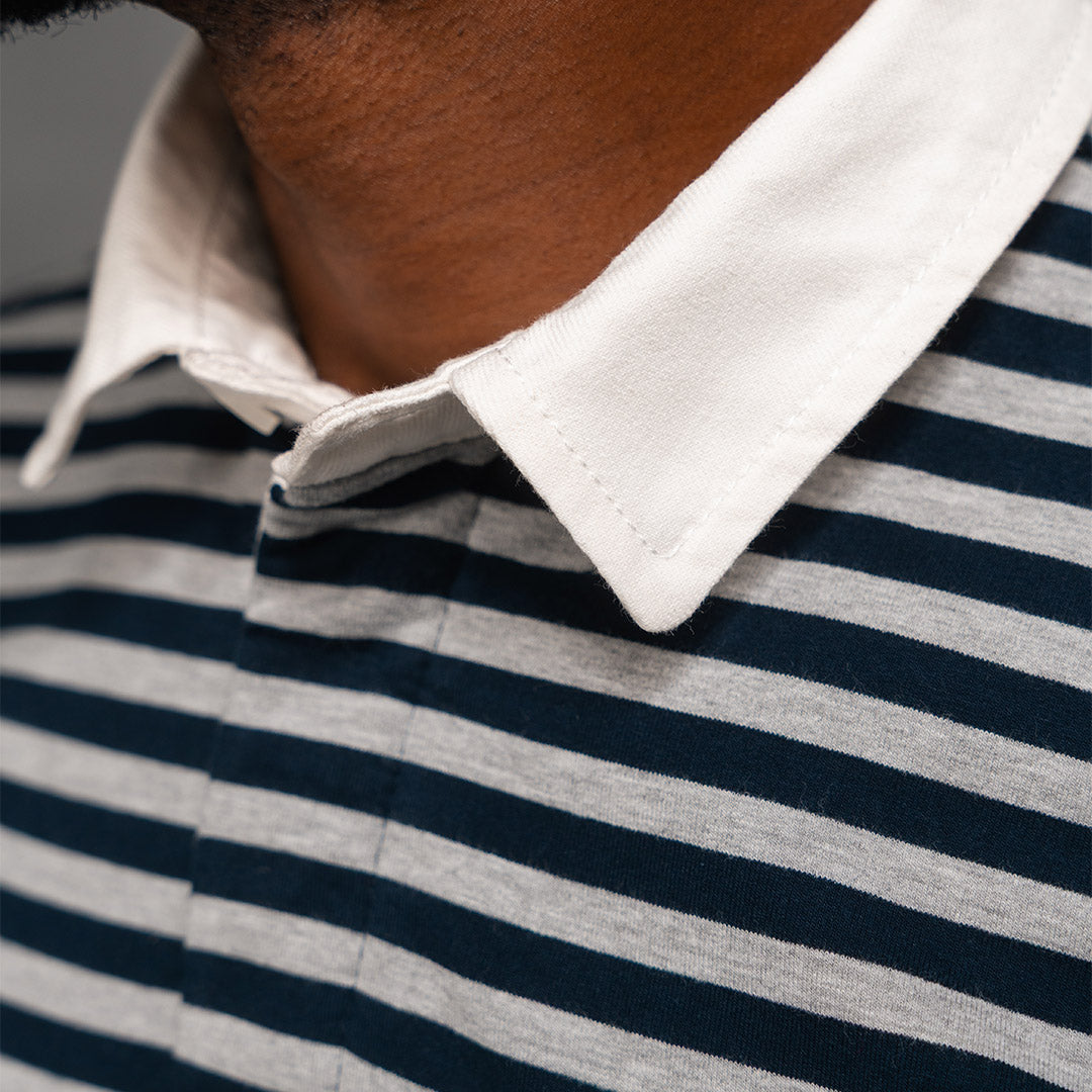 Elite Rugby Polo Navy & Grey Melange Thin Stripe