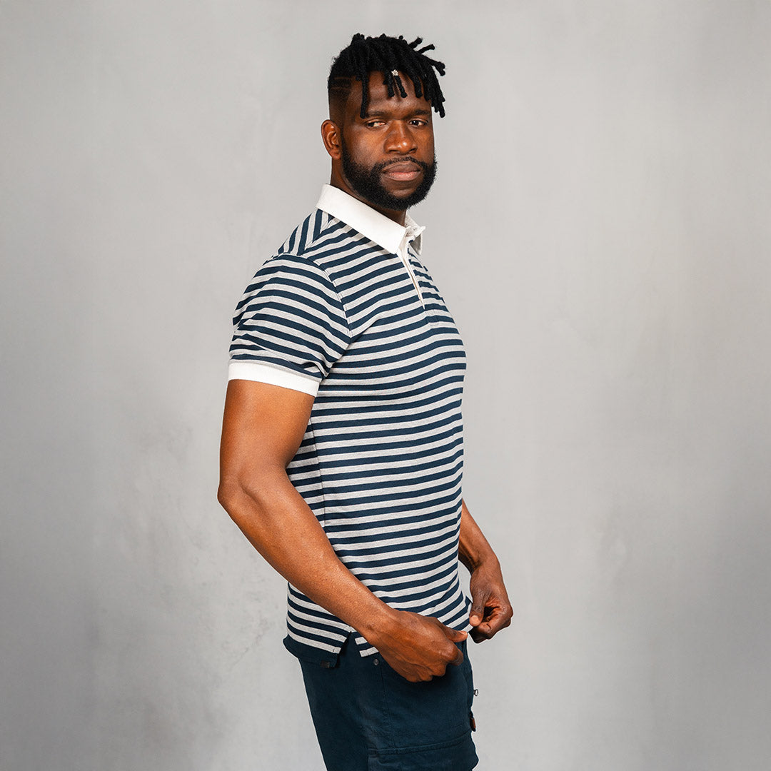 Elite Rugby Polo Navy & Grey Melange Thin Stripe