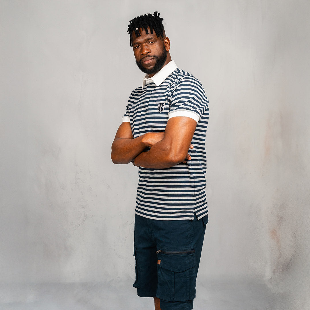 Elite Rugby Polo Navy & Grey Melange Thin Stripe