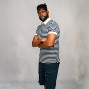 Elite Rugby Polo Navy & Grey Melange Thin Stripe