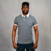 Elite Rugby Polo Navy & Grey Melange Thin Stripe