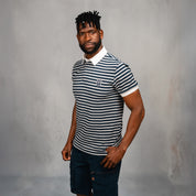 Elite Rugby Polo Navy & Grey Melange Thin Stripe