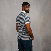 Elite Rugby Polo Navy & Grey Melange Thin Stripe
