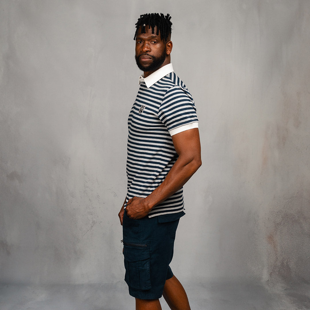 Elite Rugby Polo Navy & Grey Melange Thin Stripe