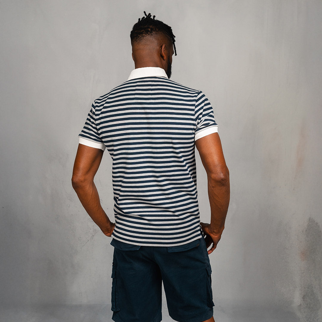 Elite Rugby Polo Navy & Grey Melange Thin Stripe