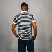 Elite Rugby Polo Navy & Grey Melange Thin Stripe