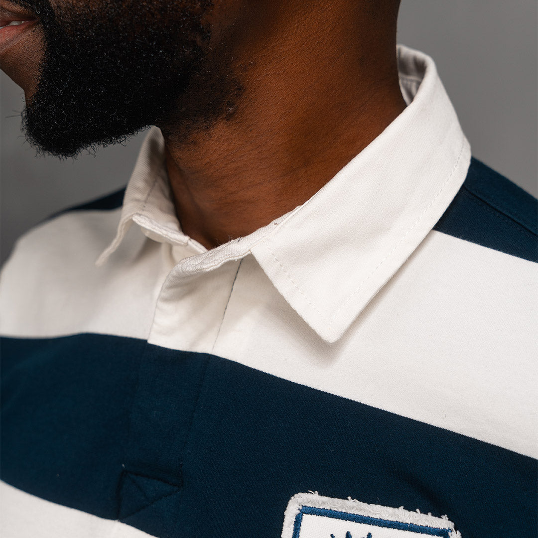 Elite Rugby Polo Navy & Off White Thick Stripe