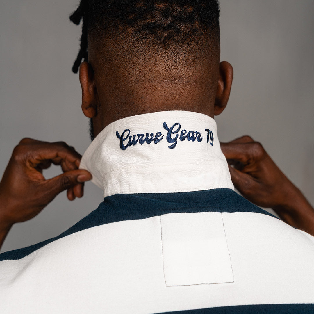 Elite Rugby Polo Navy & Off White Thick Stripe