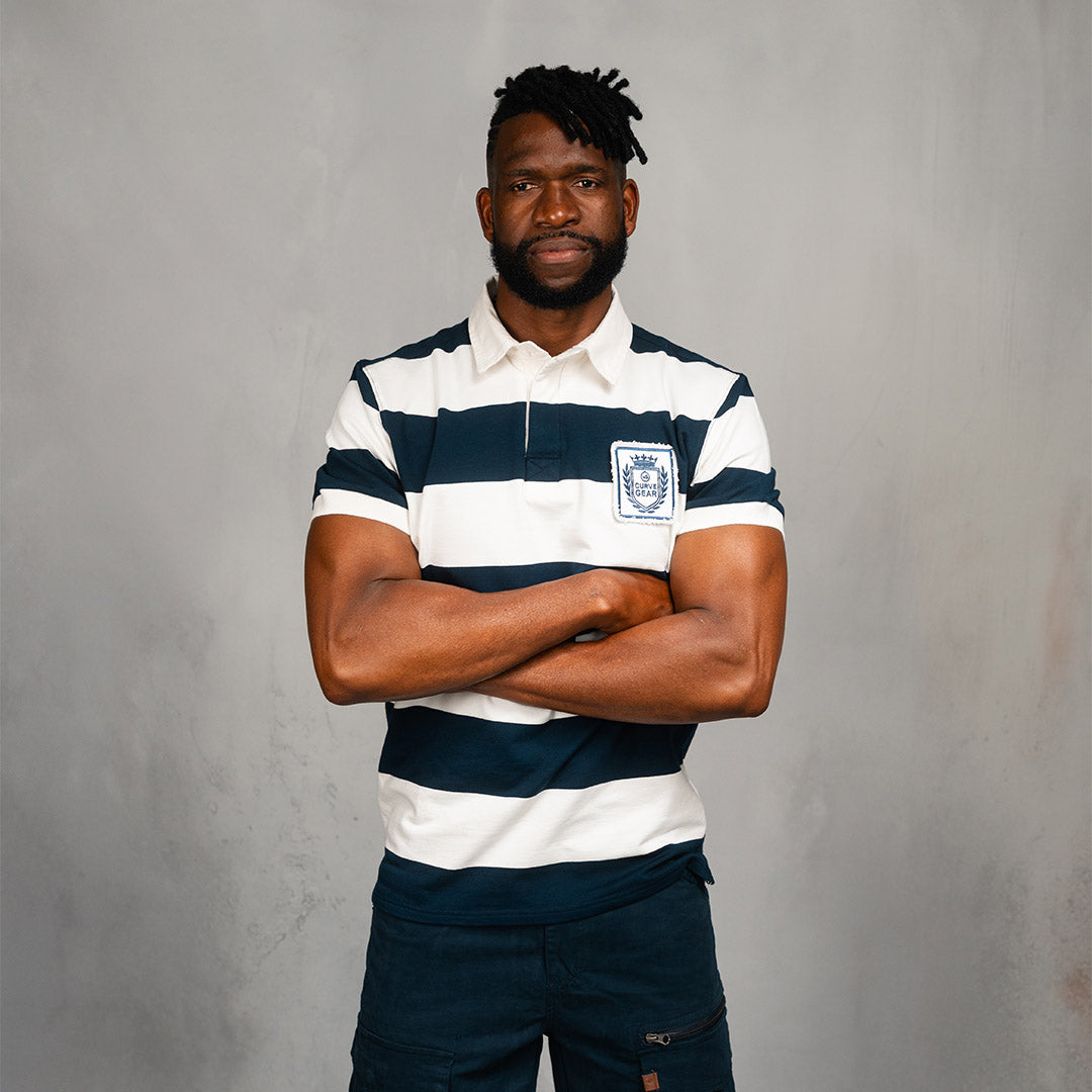 Elite Rugby Polo Navy & Off White Thick Stripe