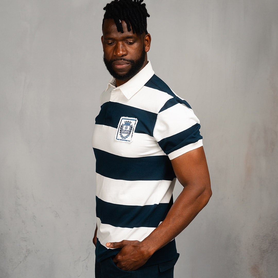 Elite Rugby Polo Navy & Off White Thick Stripe