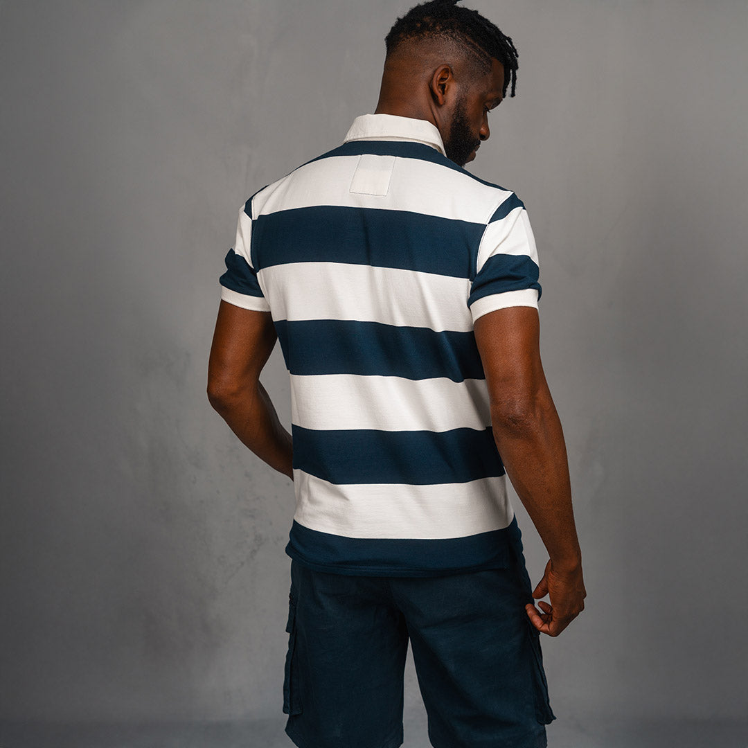 Elite Rugby Polo Navy & Off White Thick Stripe