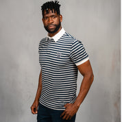 Elite Rugby Polo Navy & Grey Melange Thin Stripe