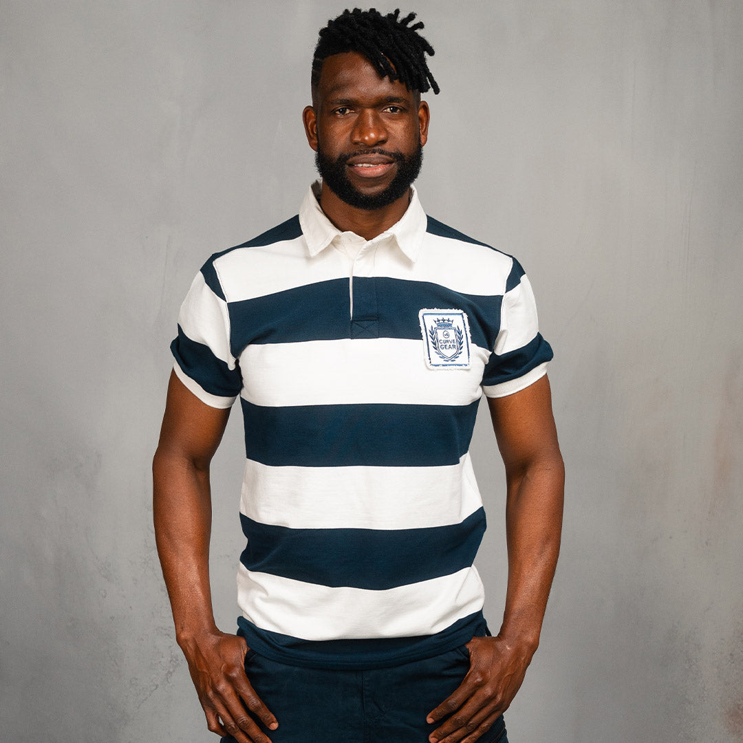 Elite Rugby Polo Navy & Off White Thick Stripe