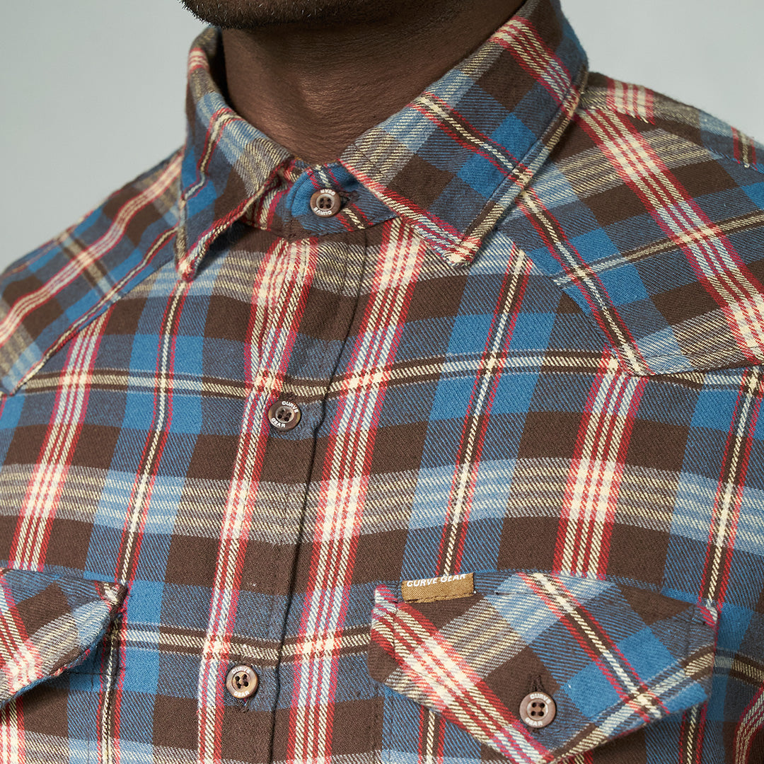 Drill Flannel Long Sleeve Shirt Blue Red Check - Shirts