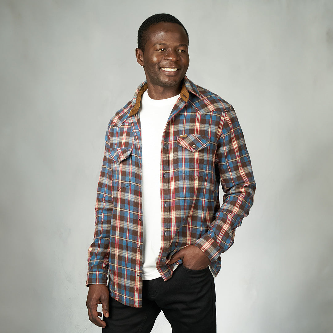 Drill Flannel Long Sleeve Shirt Blue Red Check - Shirts