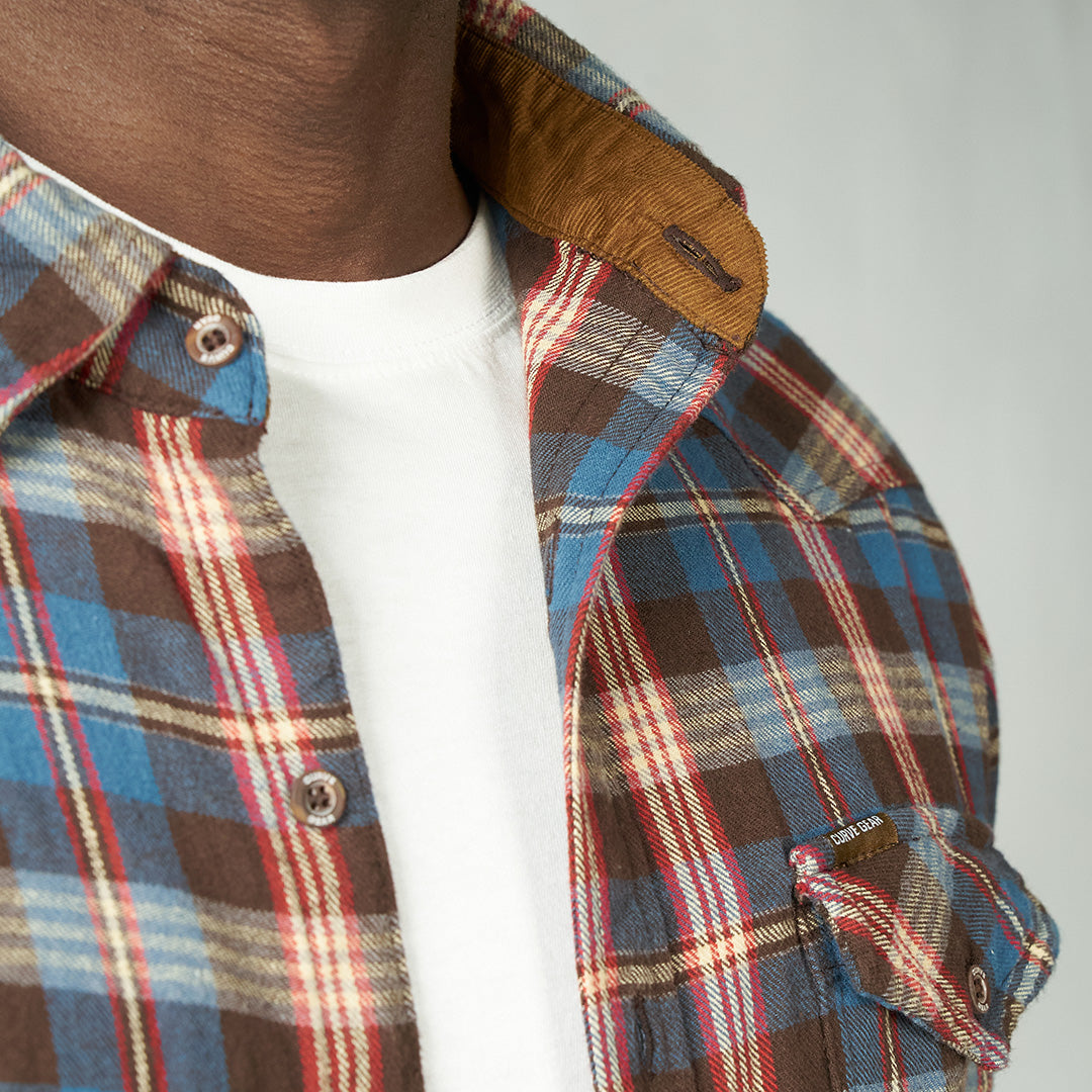 Drill Flannel Long Sleeve Shirt Blue Red Check - Shirts