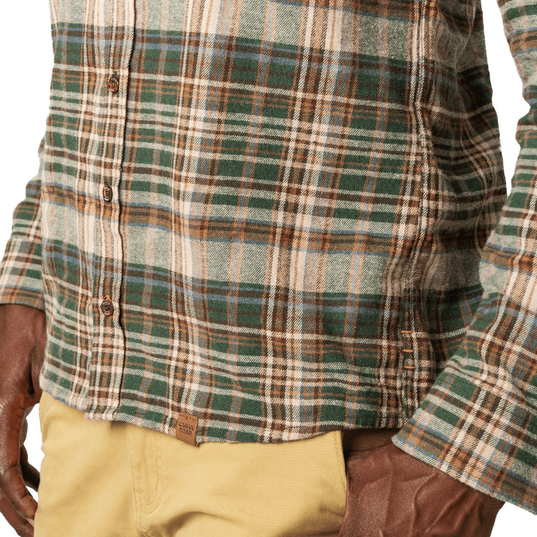 Drill Flannel Long Sleeve Shirt Green Brown Check - Shirts