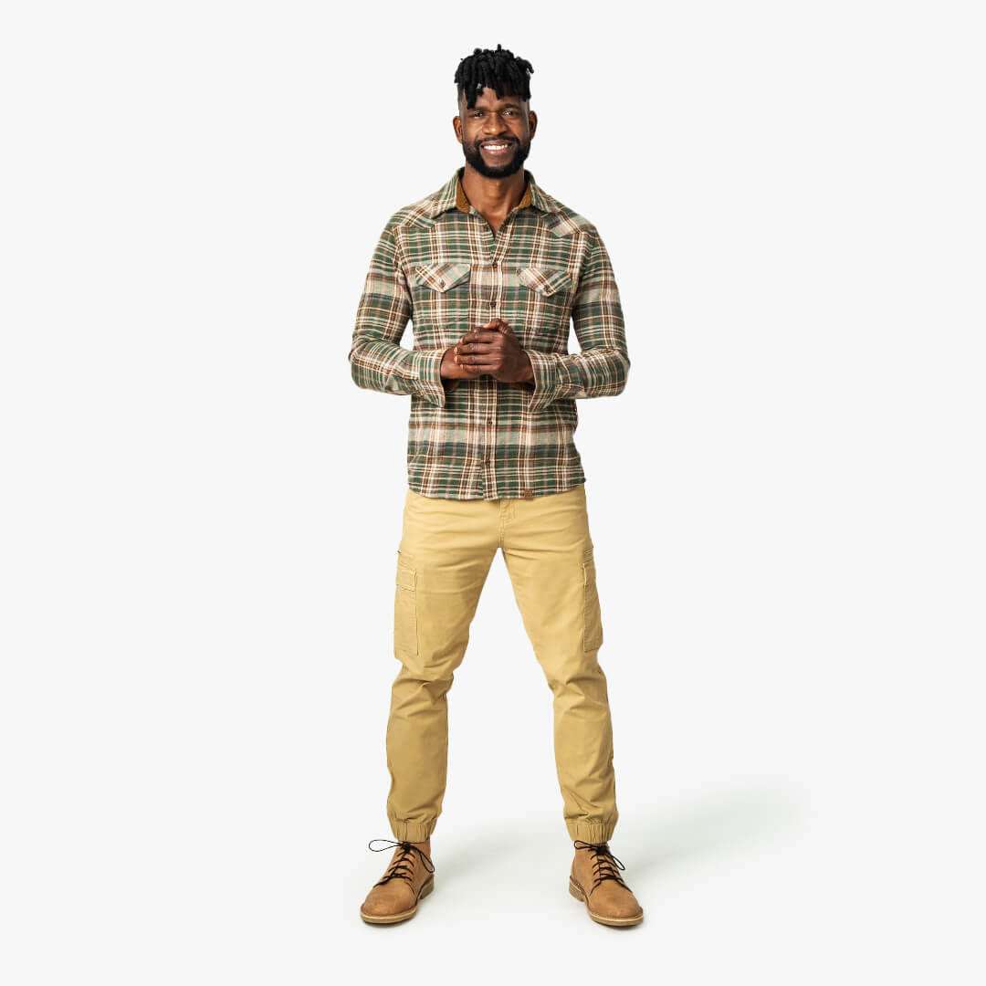 Drill Flannel Long Sleeve Shirt Green Brown Check - Shirts