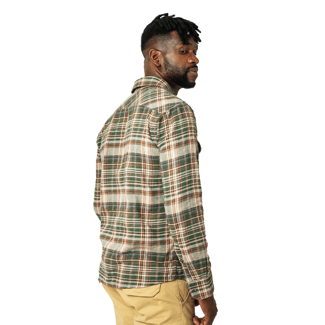 Drill Flannel Long Sleeve Shirt Green Brown Check - Shirts