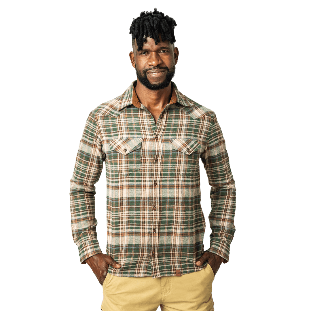 Drill Flannel Long Sleeve Shirt Green Brown Check - Shirts