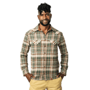 Drill Flannel Long Sleeve Shirt Green Brown Check - Shirts