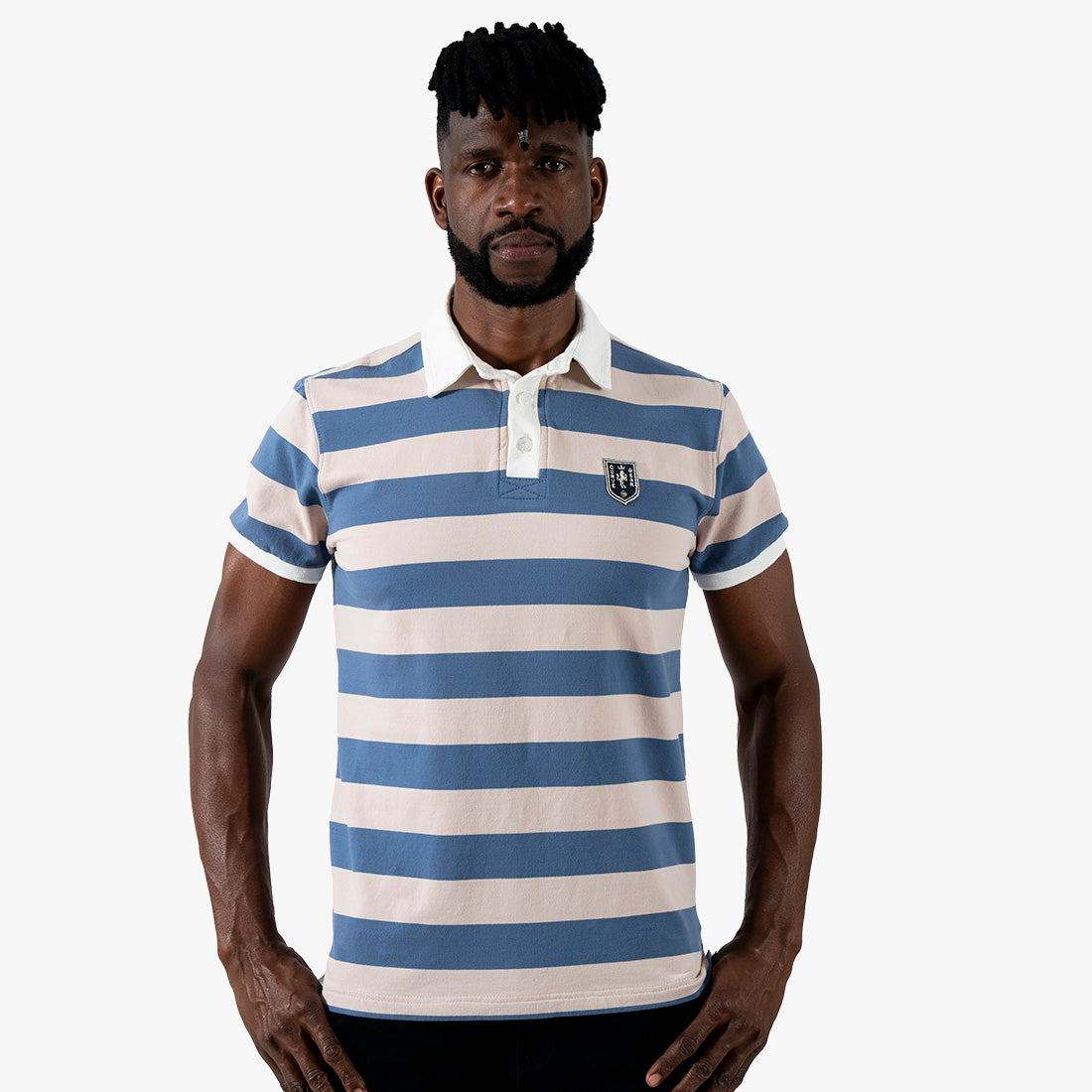 Striped Rugby Polo Shirt Blue Cream - Curve Gear