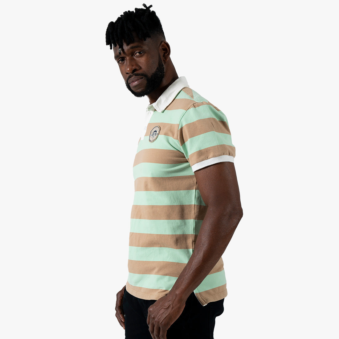 Striped Rugby Polo Shirt Green Brown - Curve Gear