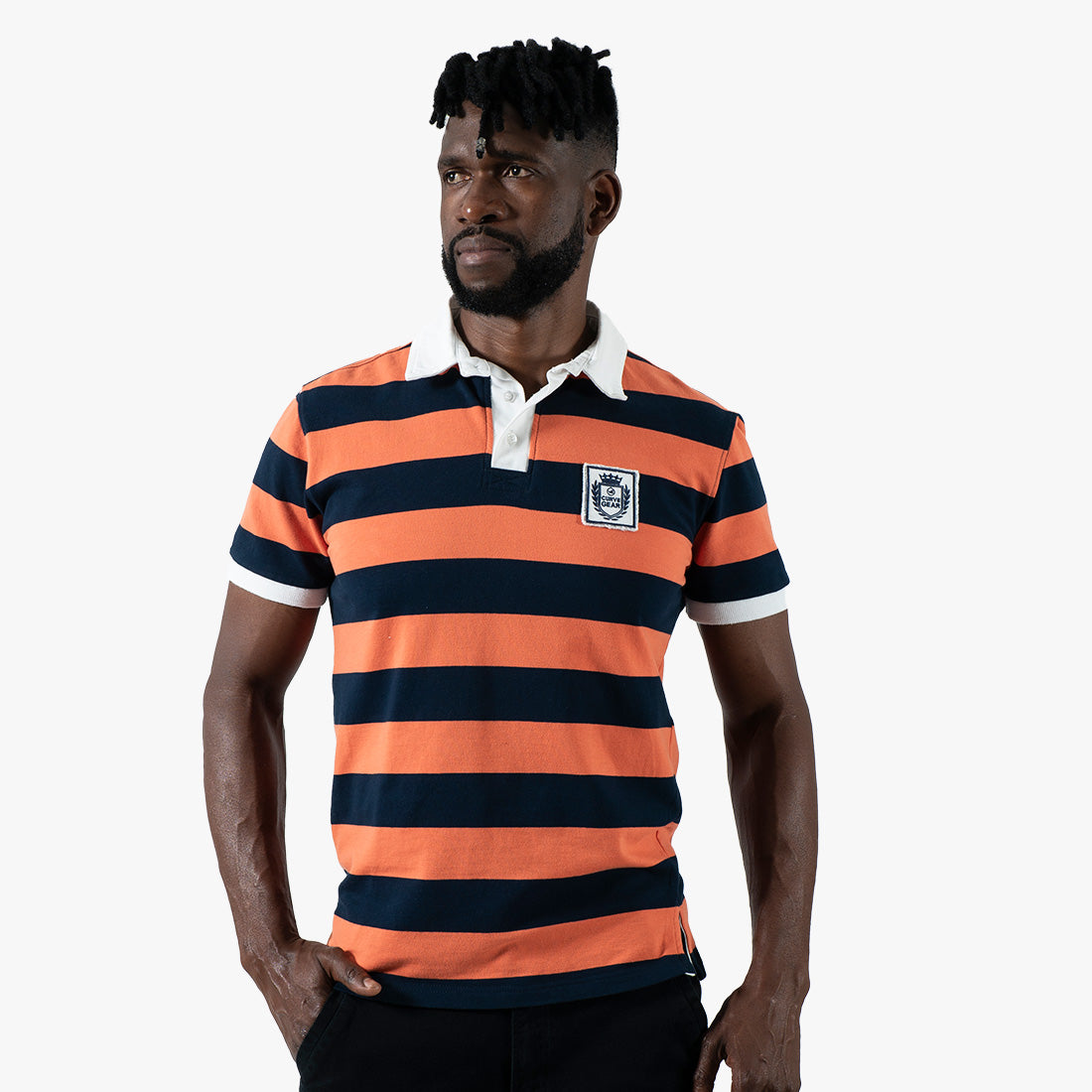 Striped Rugby Polo Shirt Orange Navy - Curve Gear