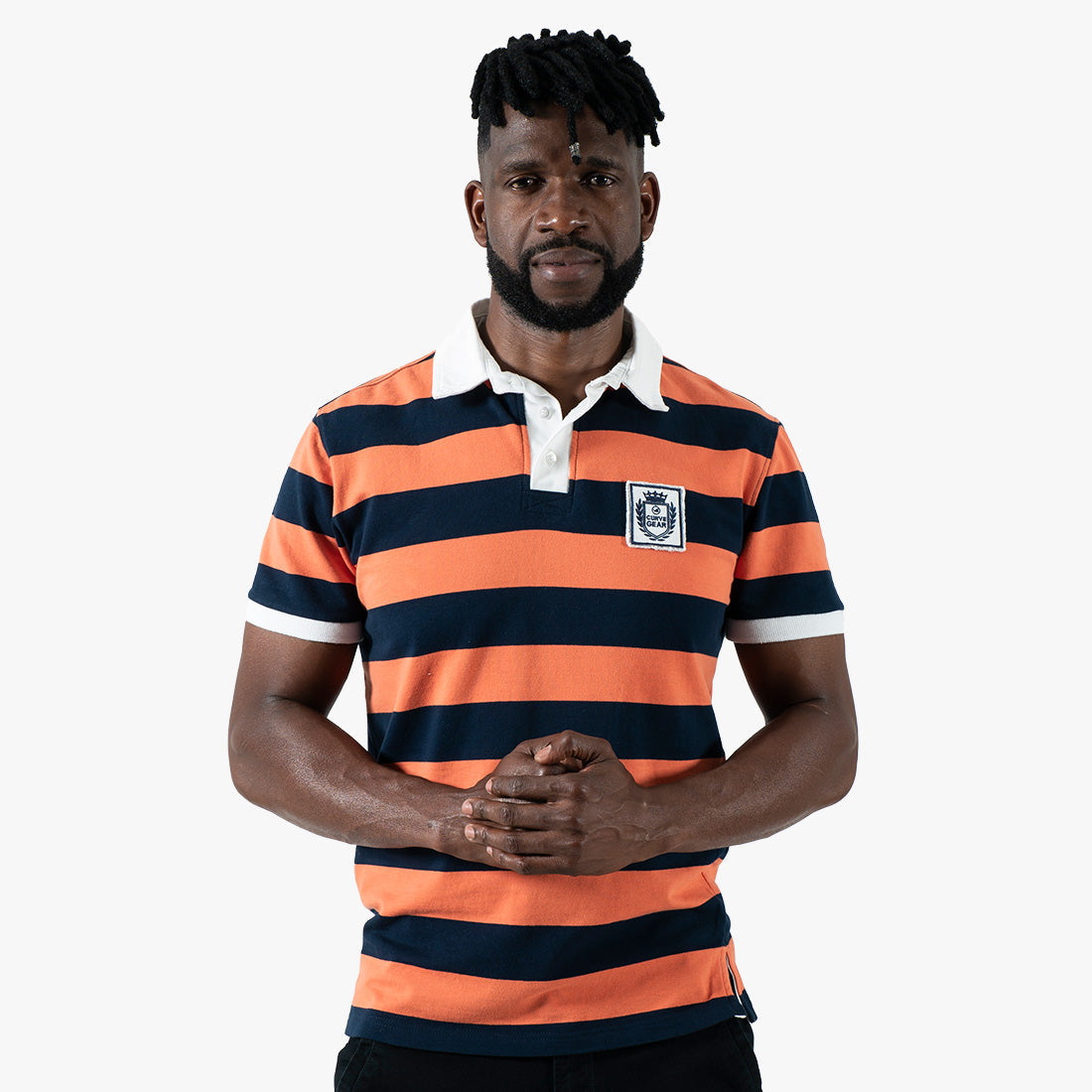 Striped Rugby Polo Shirt Orange Navy - Curve Gear